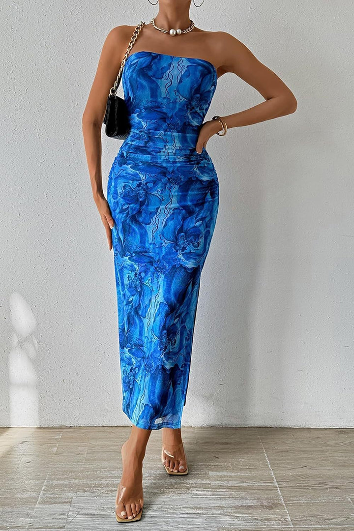 Rose Print Ruched Lace Up Backless Cami Dress