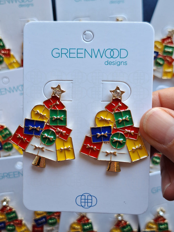 Present Tree Christmas Earring in Red, Yellow, Green & Blue
