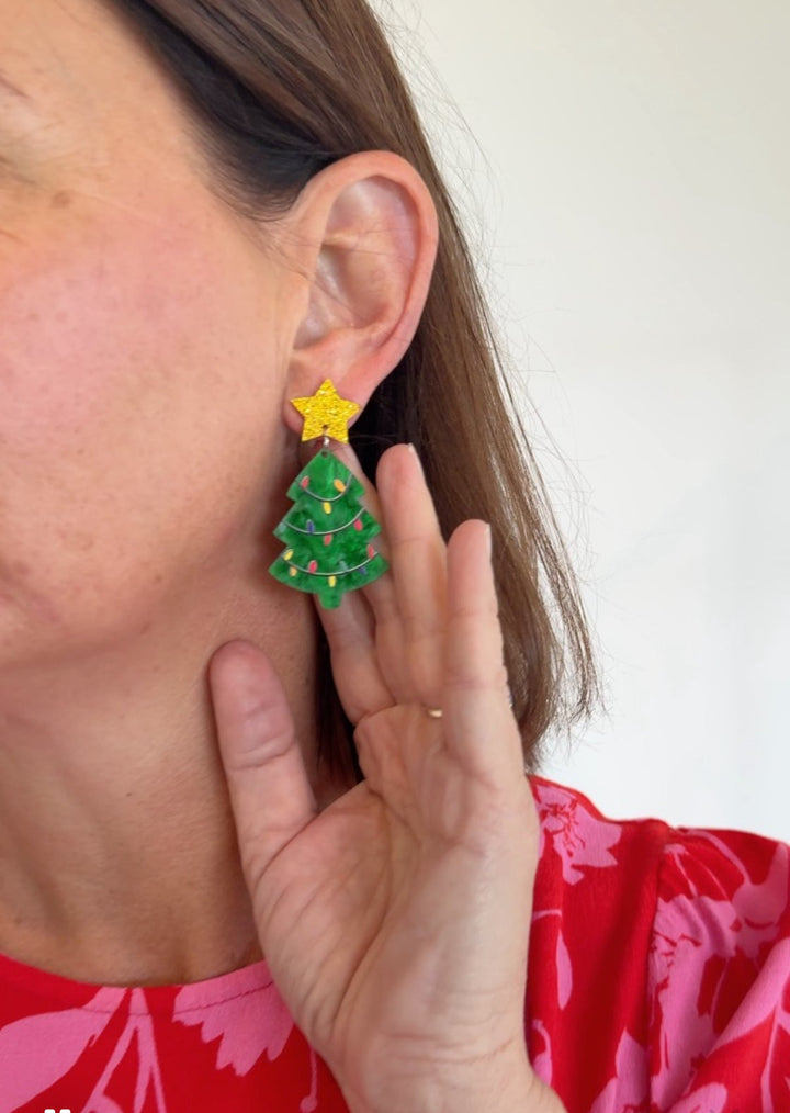 Resin Christmas Tree Christmas Earring in Green & Gold