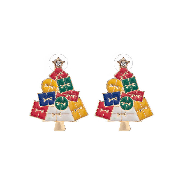 Present Tree Christmas Earring in Red, Yellow, Green & Blue