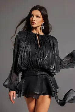 Luna Pleated Lantern Sleeve Mini Dress