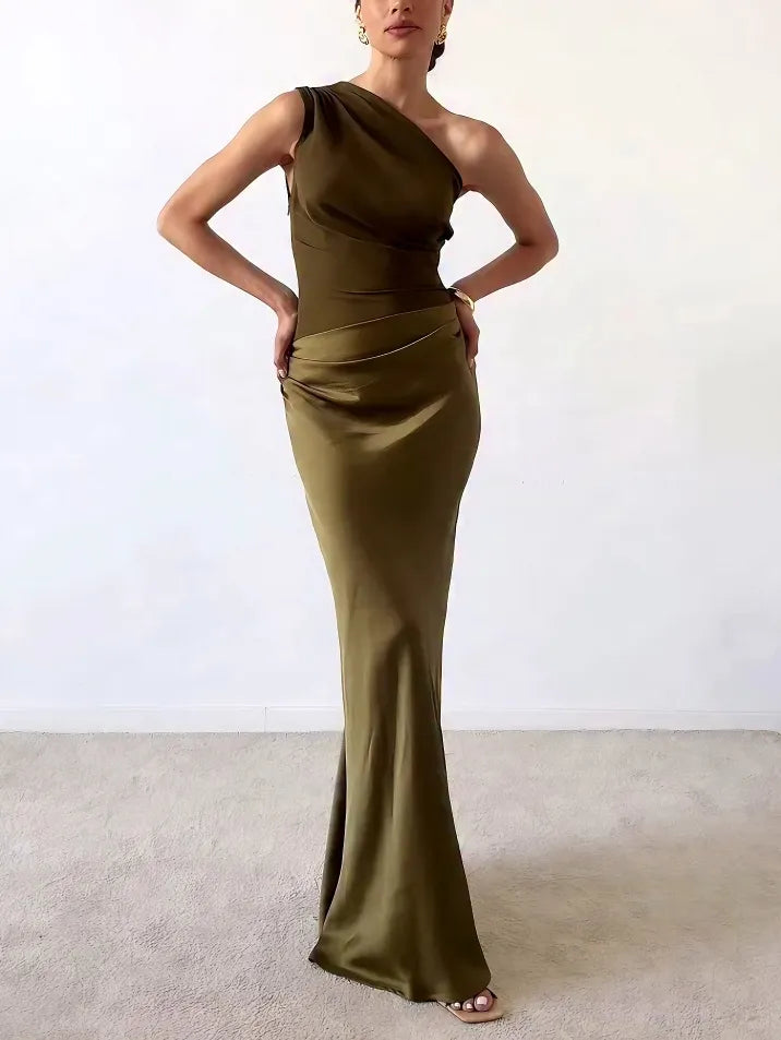 Patricia™ | Elegant One Shoulder Neck Pleated Party Maxi Dress