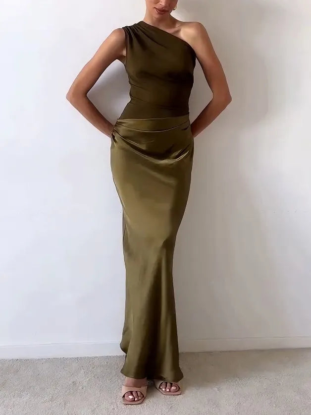 Patricia™ | Elegant One Shoulder Neck Pleated Party Maxi Dress
