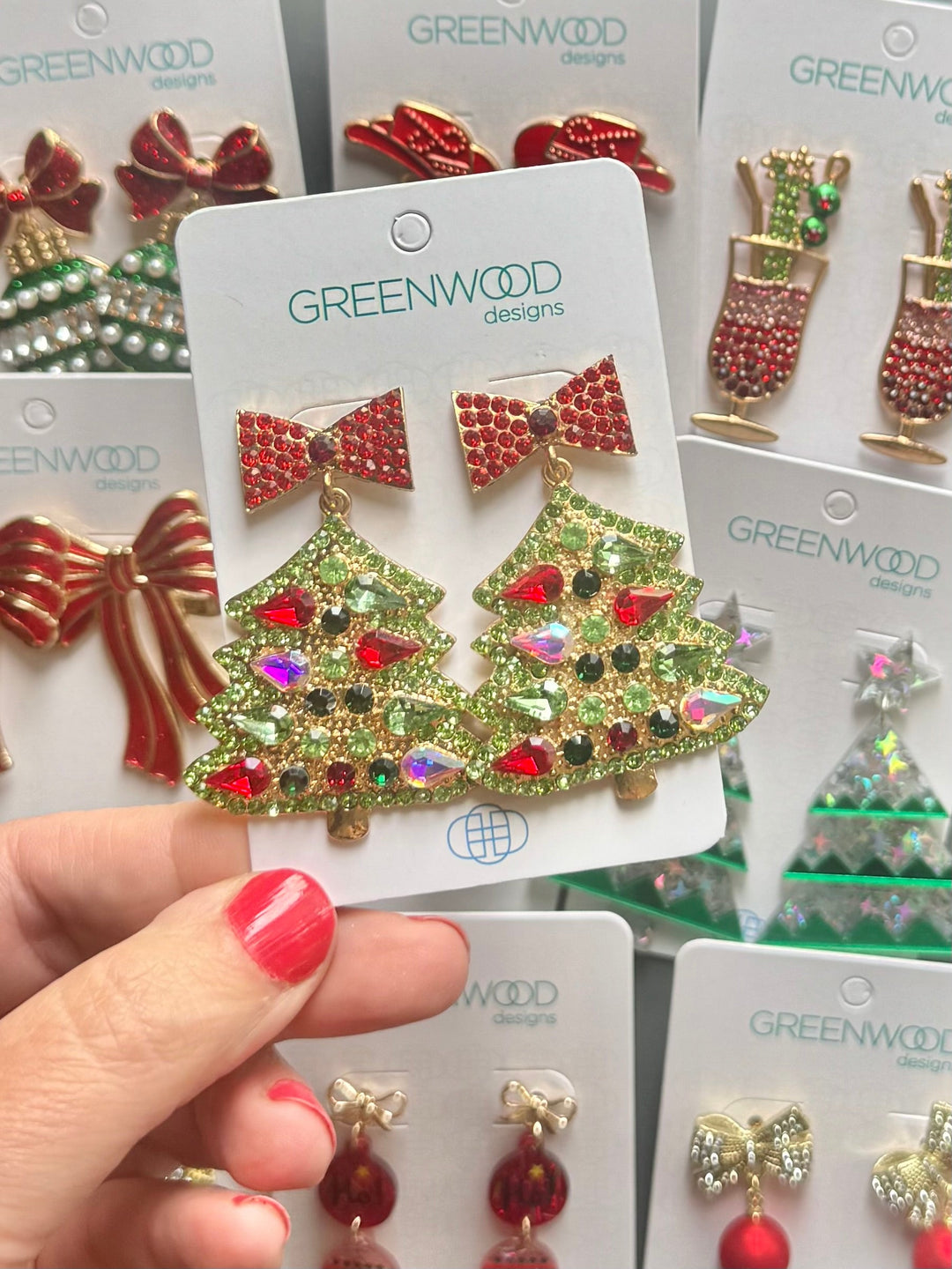 Gem-set Christmas Tree Christmas Earring in Red, Gold & Green