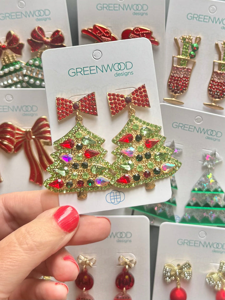 Gem-set Christmas Tree Christmas Earring in Red, Gold & Green
