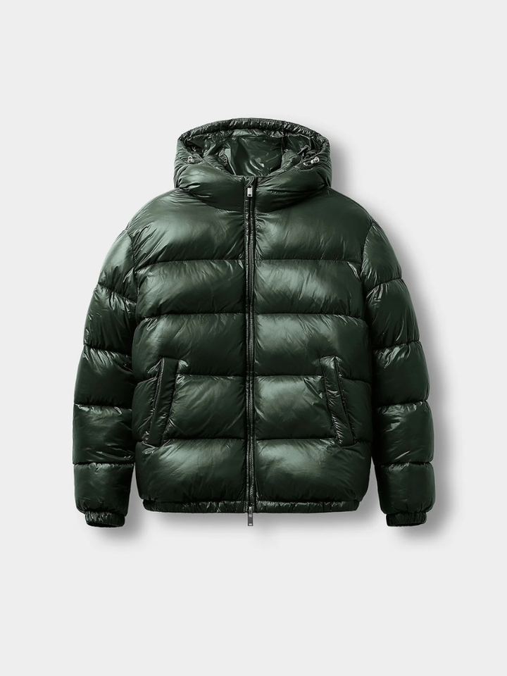 Serenity Luxe Glossy Puffer Jacket – High-Shine Quilted Coat