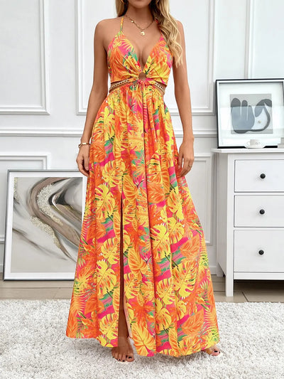 Floral Print Chain Decor Split Thigh Tie Dress