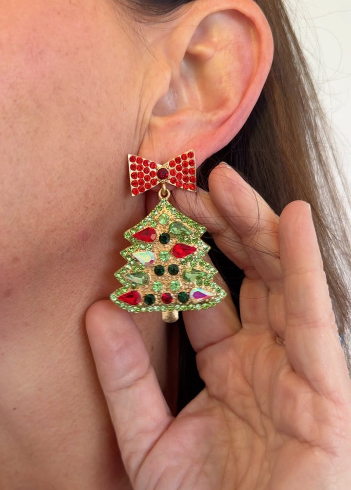 Gem-set Christmas Tree Christmas Earring in Red, Gold & Green