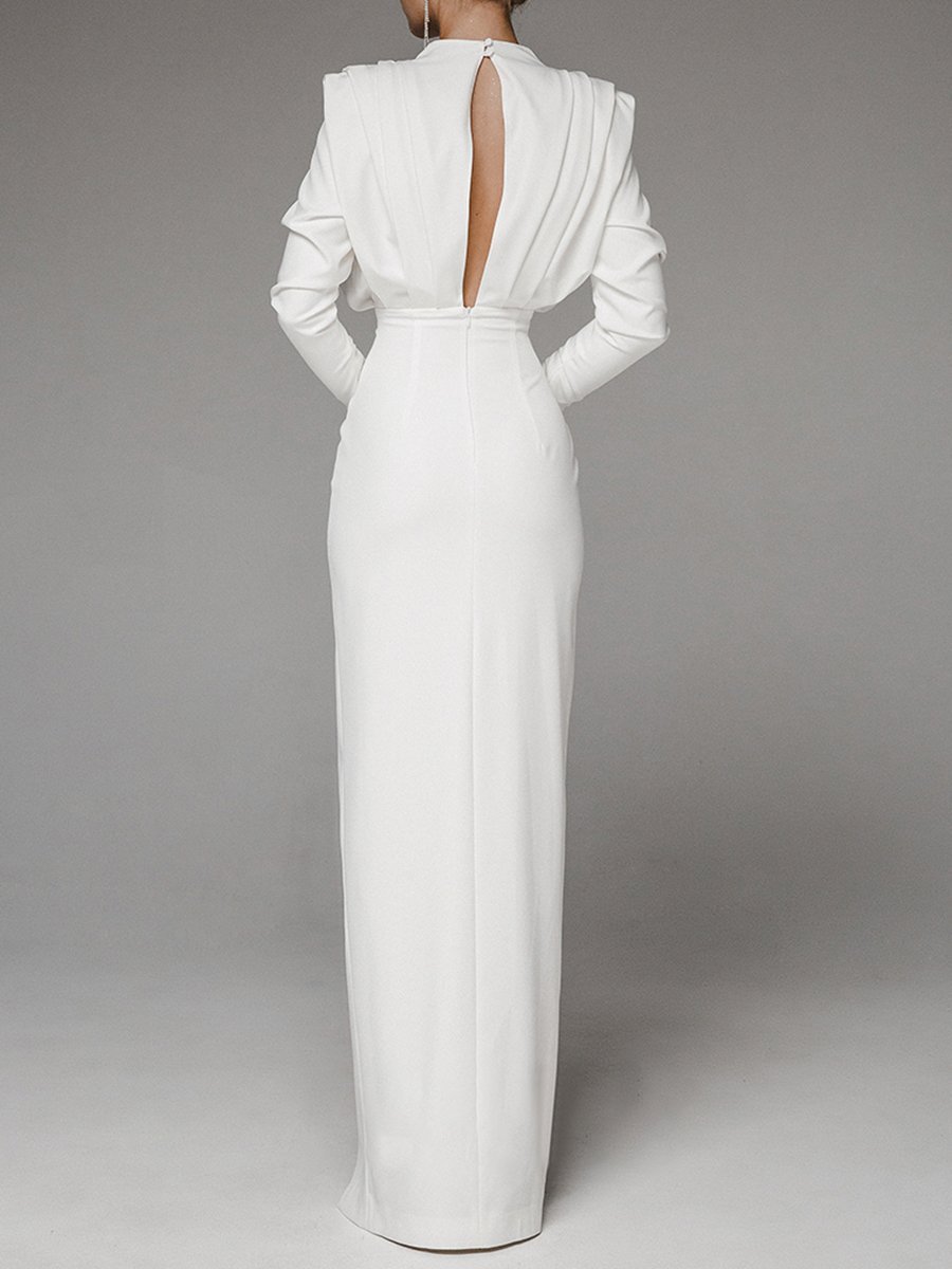 Solid color pleated split open back dress