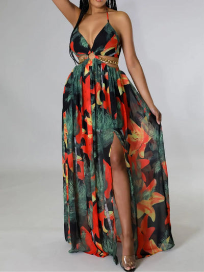 Floral Print Chain Decor Split Thigh Tie Dress