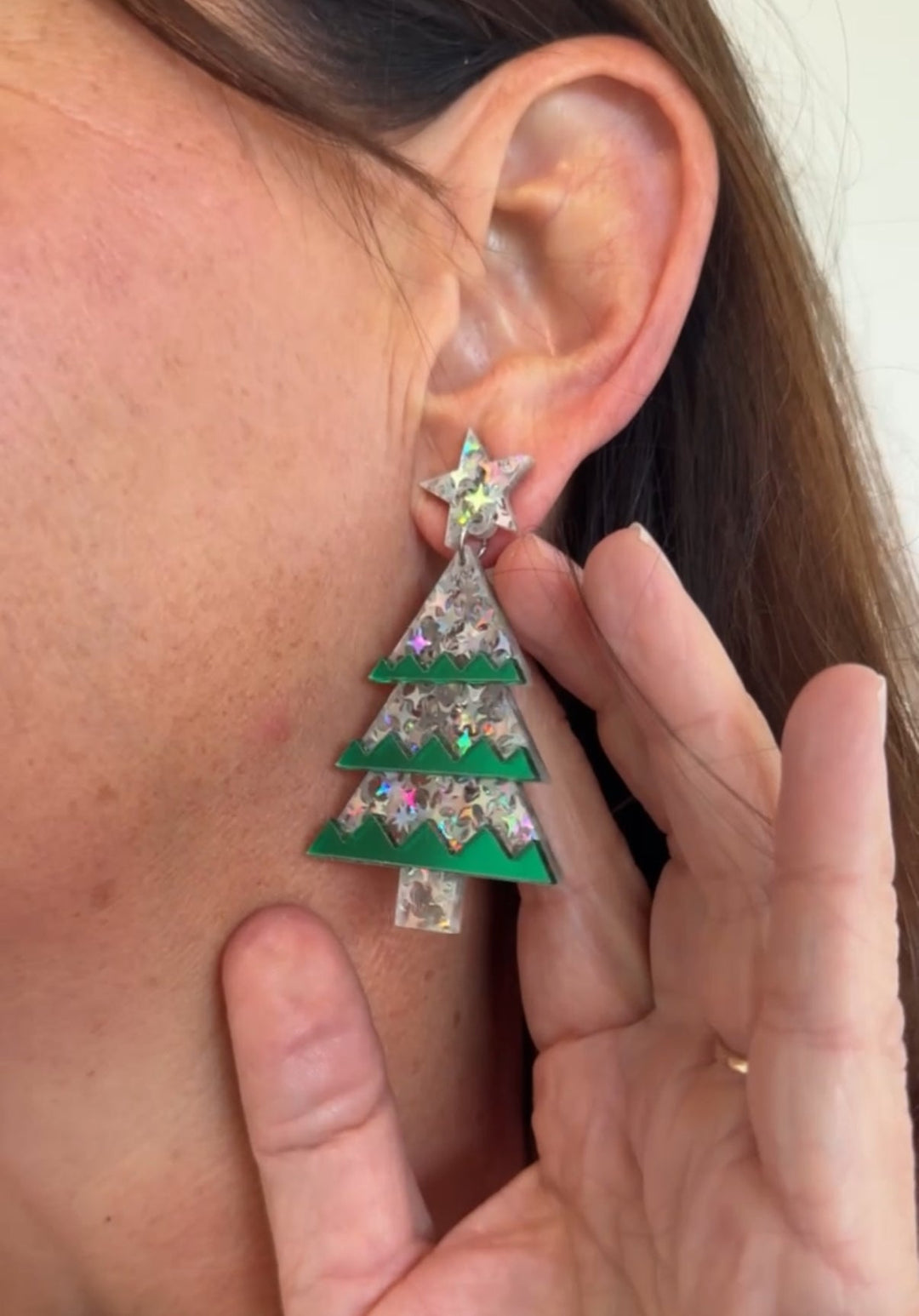 Resin Christmas Tree Christmas Earring in Green & Silver