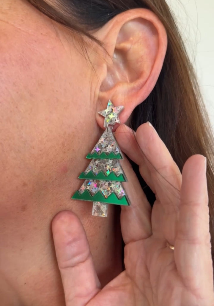 Resin Christmas Tree Christmas Earring in Green & Silver