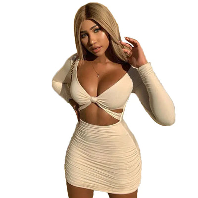 Sexy Long Sleeve Pleated Mini Dress
