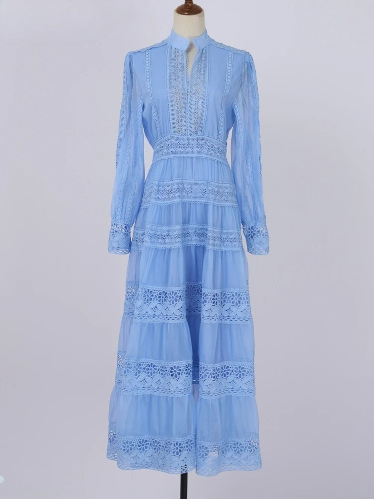 Elegant Hollow Out Embroidery Lace Splice Long Dress