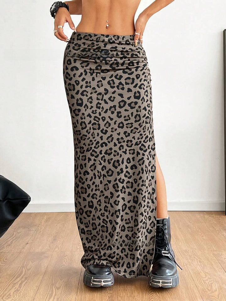 Siena Leopard Side-Slit Midi Skirt
