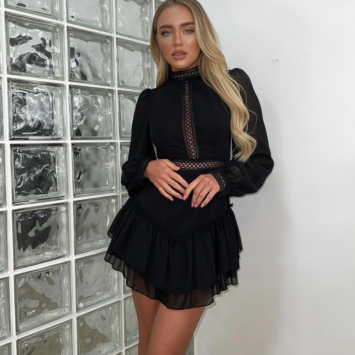 Serenity Noir™ Elegant Pleated Stand-Collar Mini Dress