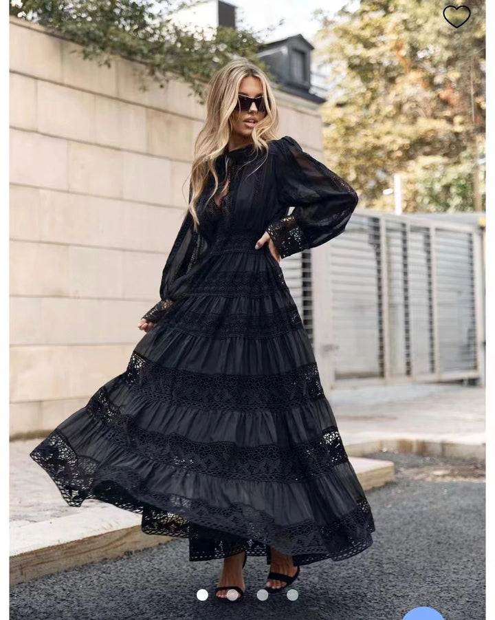 Elegant Hollow Out Embroidery Lace Splice Long Dress