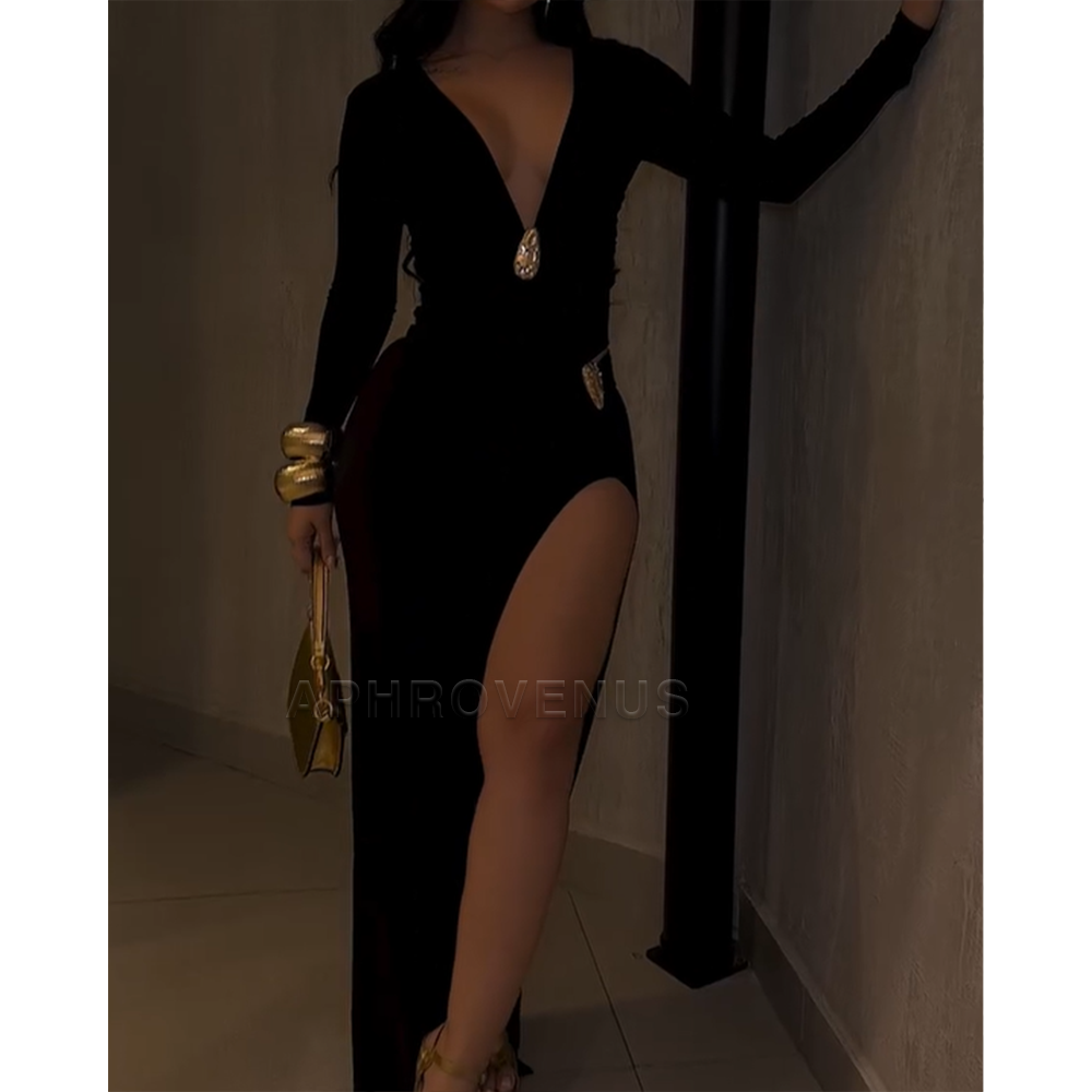Elegant Slim Fit Deep V Neck Long Sleeve Ruched Maxi