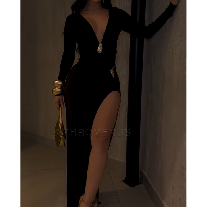 Elegant Slim Fit Deep V Neck Long Sleeve Ruched Maxi