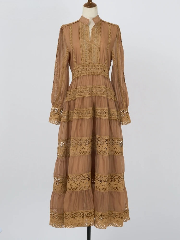 Elegant Hollow Out Embroidery Lace Splice Long Dress