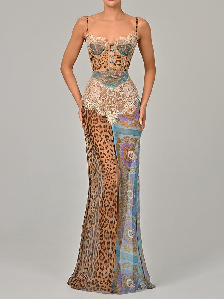 Midnight Leopard Lace Chiffon Maxi Dress