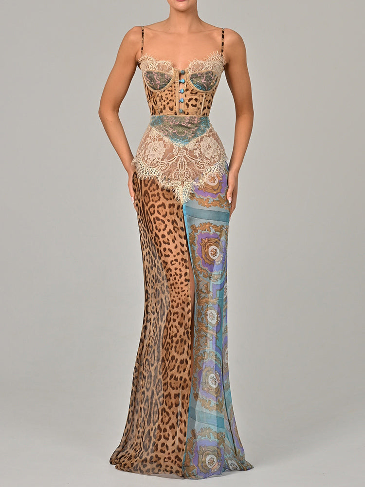 Midnight Leopard Lace Chiffon Maxi Dress