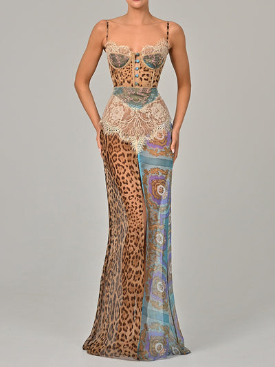 Midnight Leopard Lace Chiffon Maxi Dress
