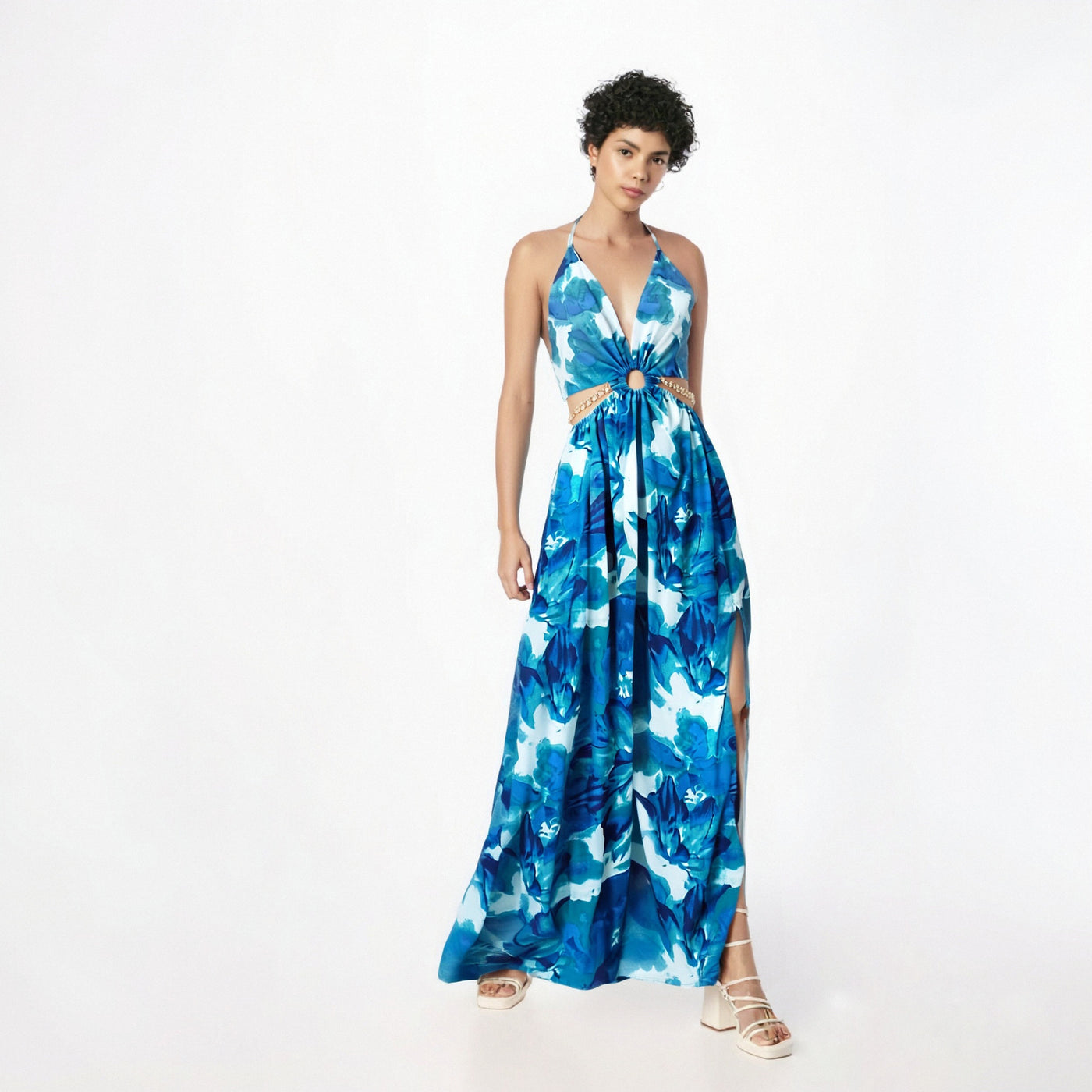 Floral Print Chain Decor Split Thigh Tie Dress