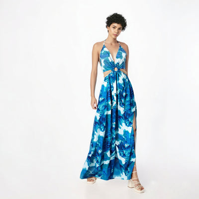 Floral Print Chain Decor Split Thigh Tie Dress