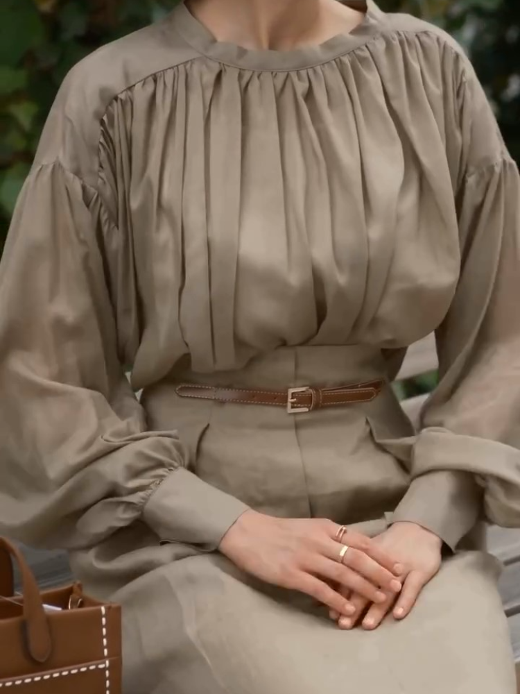 Elegant O-neck Full Sleeve Pleatet Chic Outfit