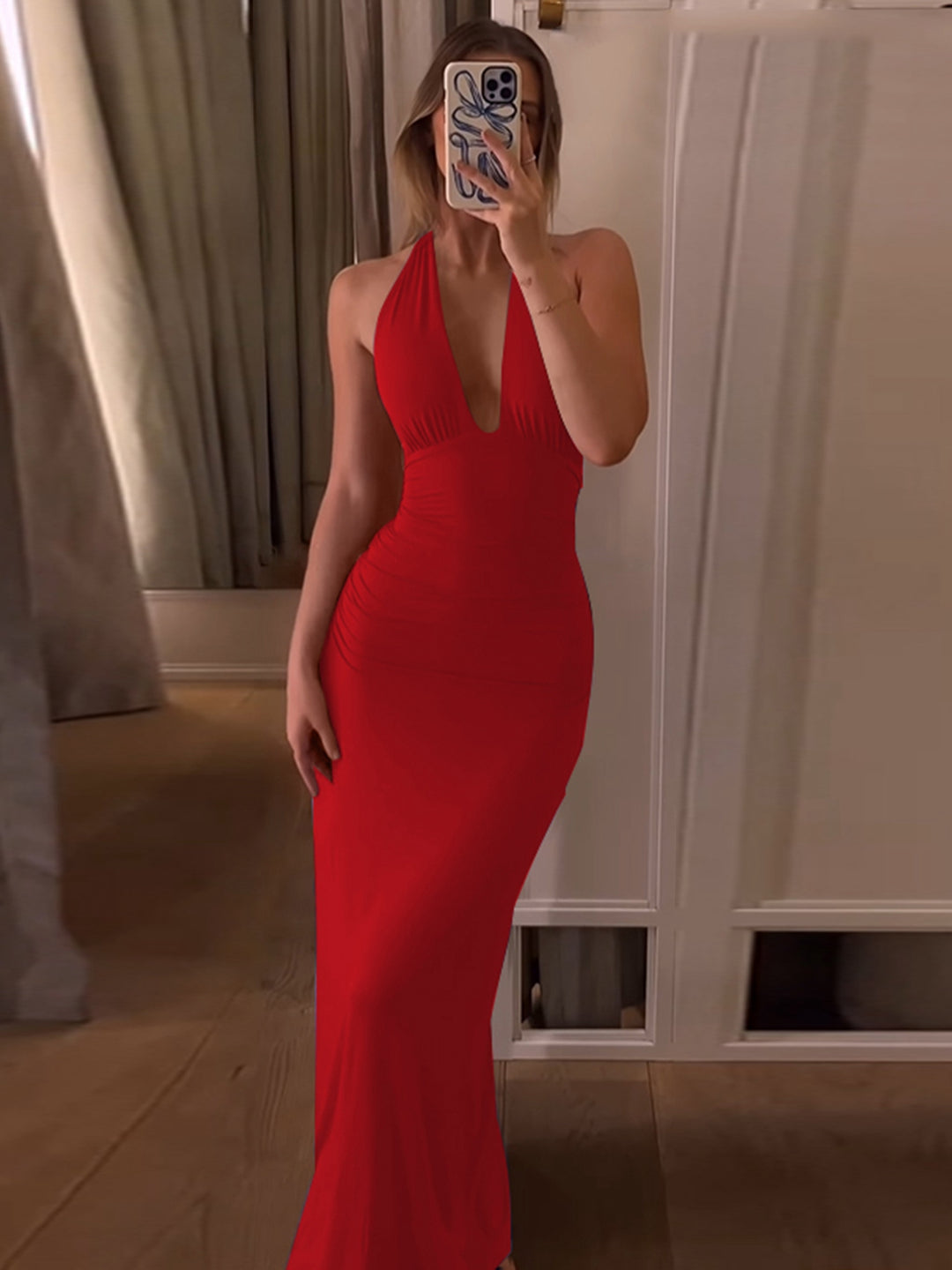 The Soleil Halter Backless Midi Dress