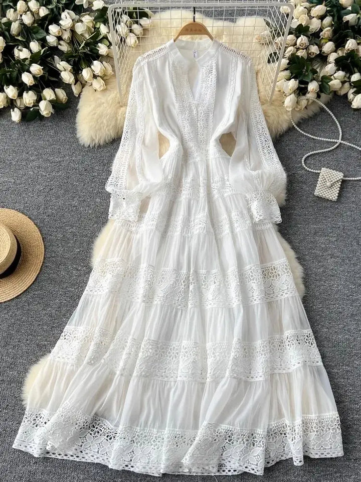 Elegant Hollow Out Embroidery Lace Splice Long Dress