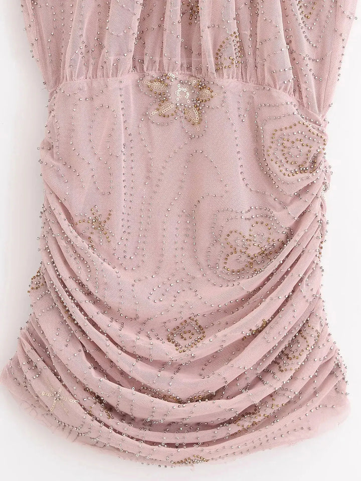 TRAFZA Beaded Halter Mini Dress