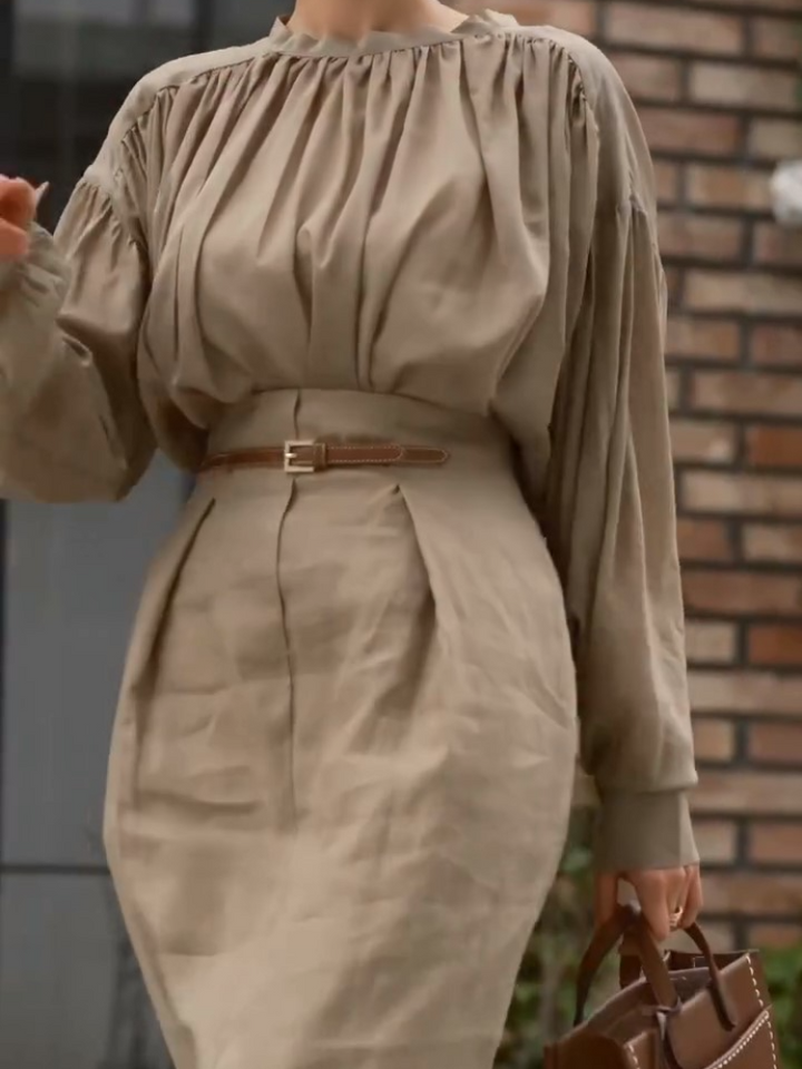 Elegant O-neck Full Sleeve Pleatet Chic Outfit