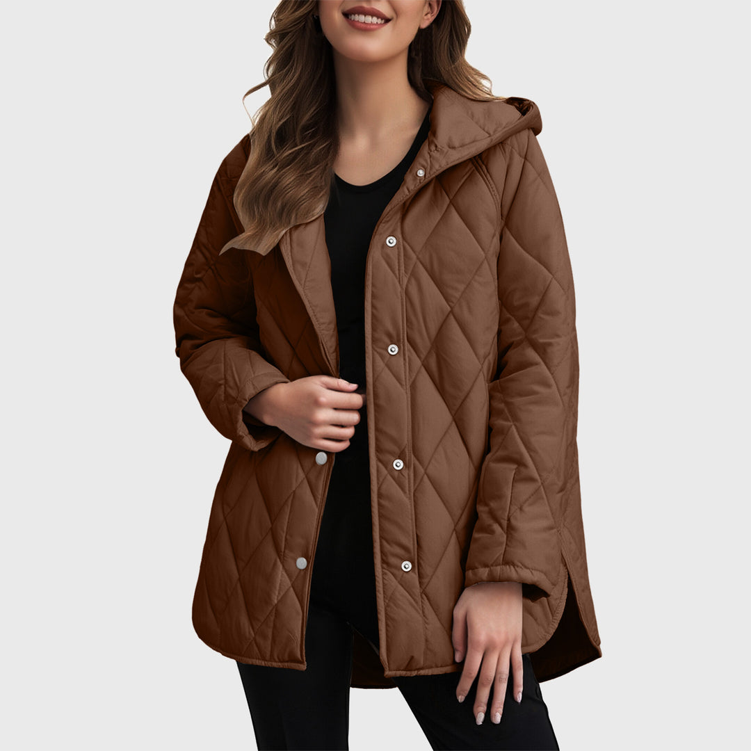 Sylvia casual coat with a solid colour check hood