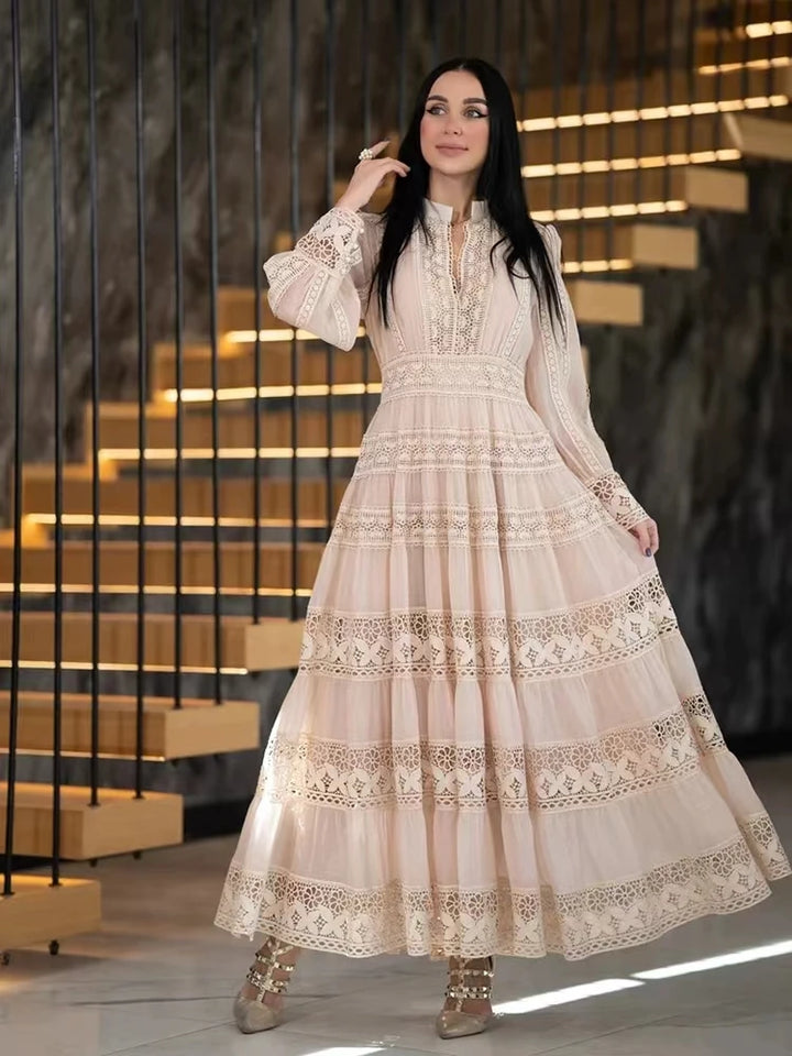 Elegant Hollow Out Embroidery Lace Splice Long Dress