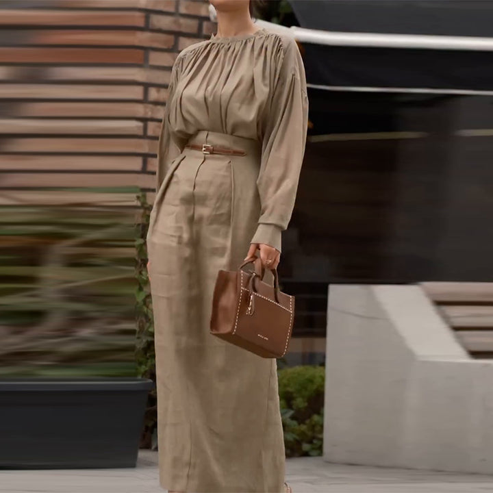 Elegant O-neck Full Sleeve Pleatet Chic Outfit