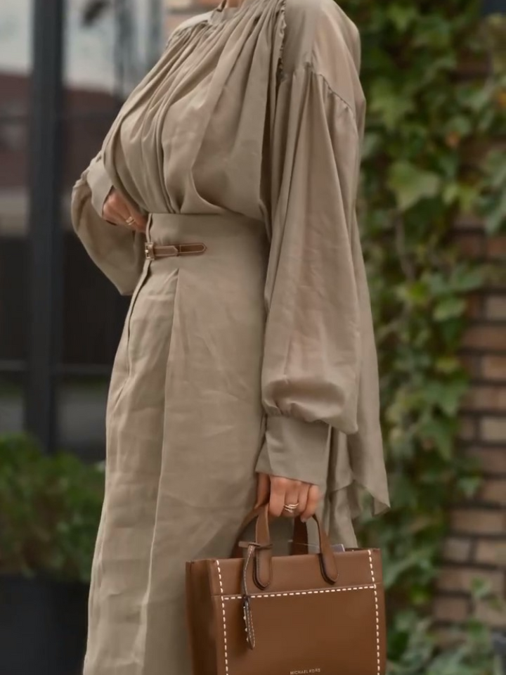 Elegant O-neck Full Sleeve Pleatet Chic Outfit