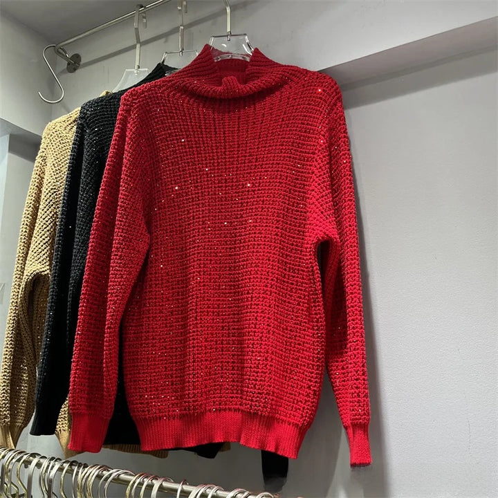Diamond-Detail Turtleneck Knit Sweater