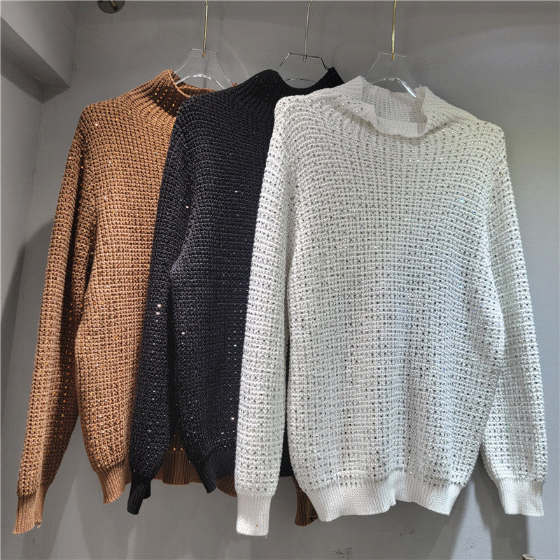 Diamond-Detail Turtleneck Knit Sweater