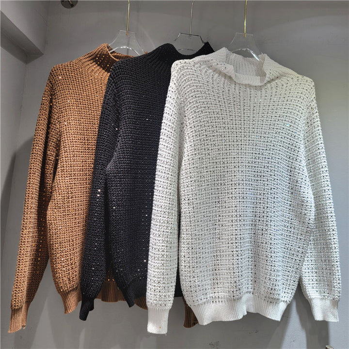 Diamond-Detail Turtleneck Knit Sweater