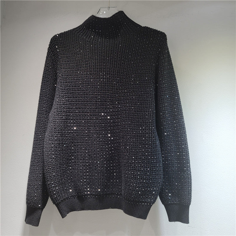 Diamond-Detail Turtleneck Knit Sweater
