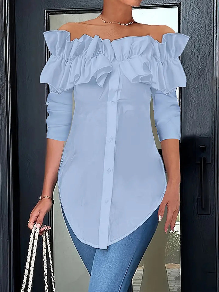 Solid Colour One-Shoulder Ruffle Shirt Top