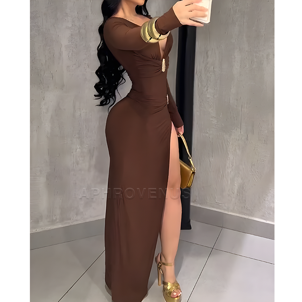Elegant Slim Fit Deep V Neck Long Sleeve Ruched Maxi