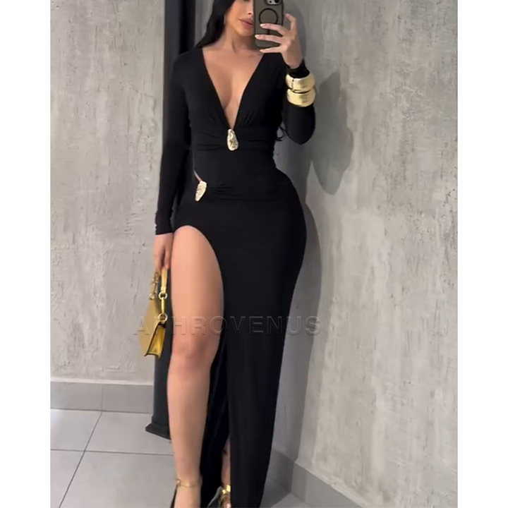 Elegant Slim Fit Deep V Neck Long Sleeve Ruched Maxi