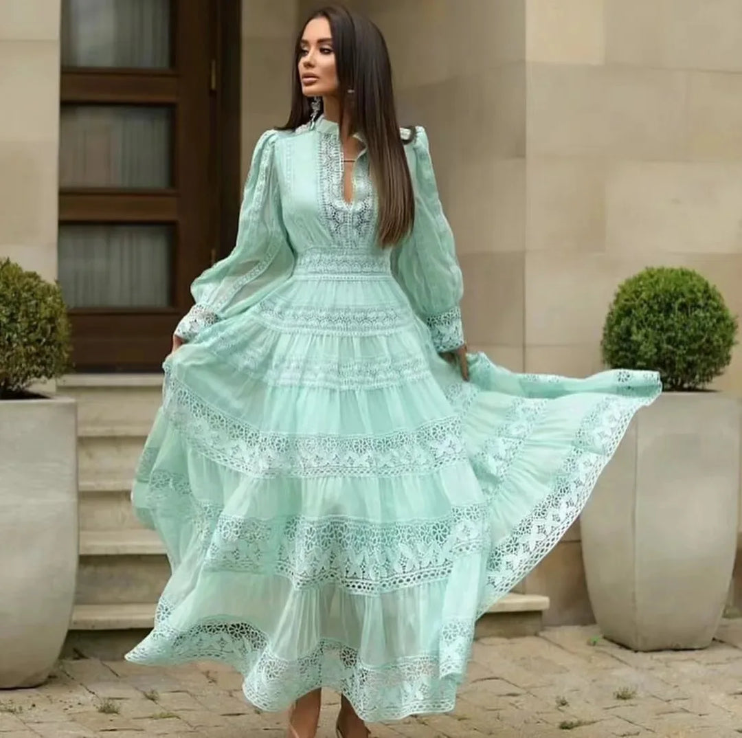 Elegant Hollow Out Embroidery Lace Splice Long Dress