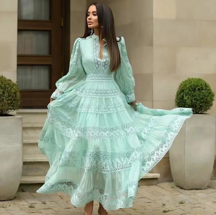 Elegant Hollow Out Embroidery Lace Splice Long Dress