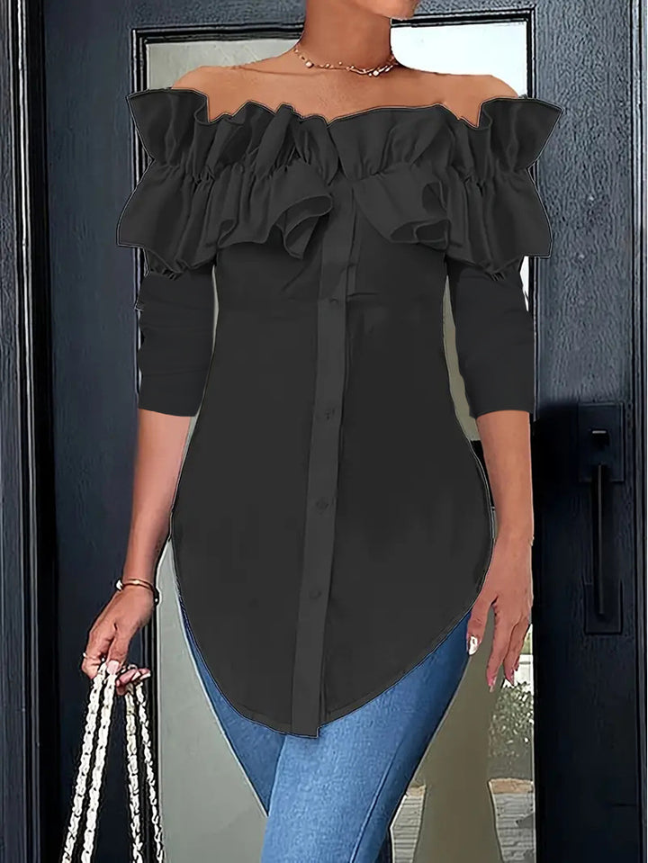 Solid Colour One-Shoulder Ruffle Shirt Top