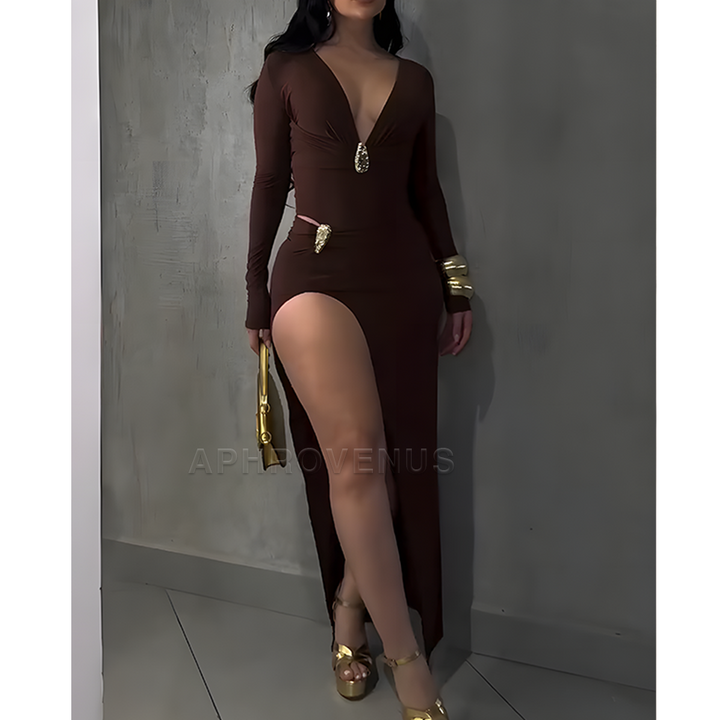 Elegant Slim Fit Deep V Neck Long Sleeve Ruched Maxi