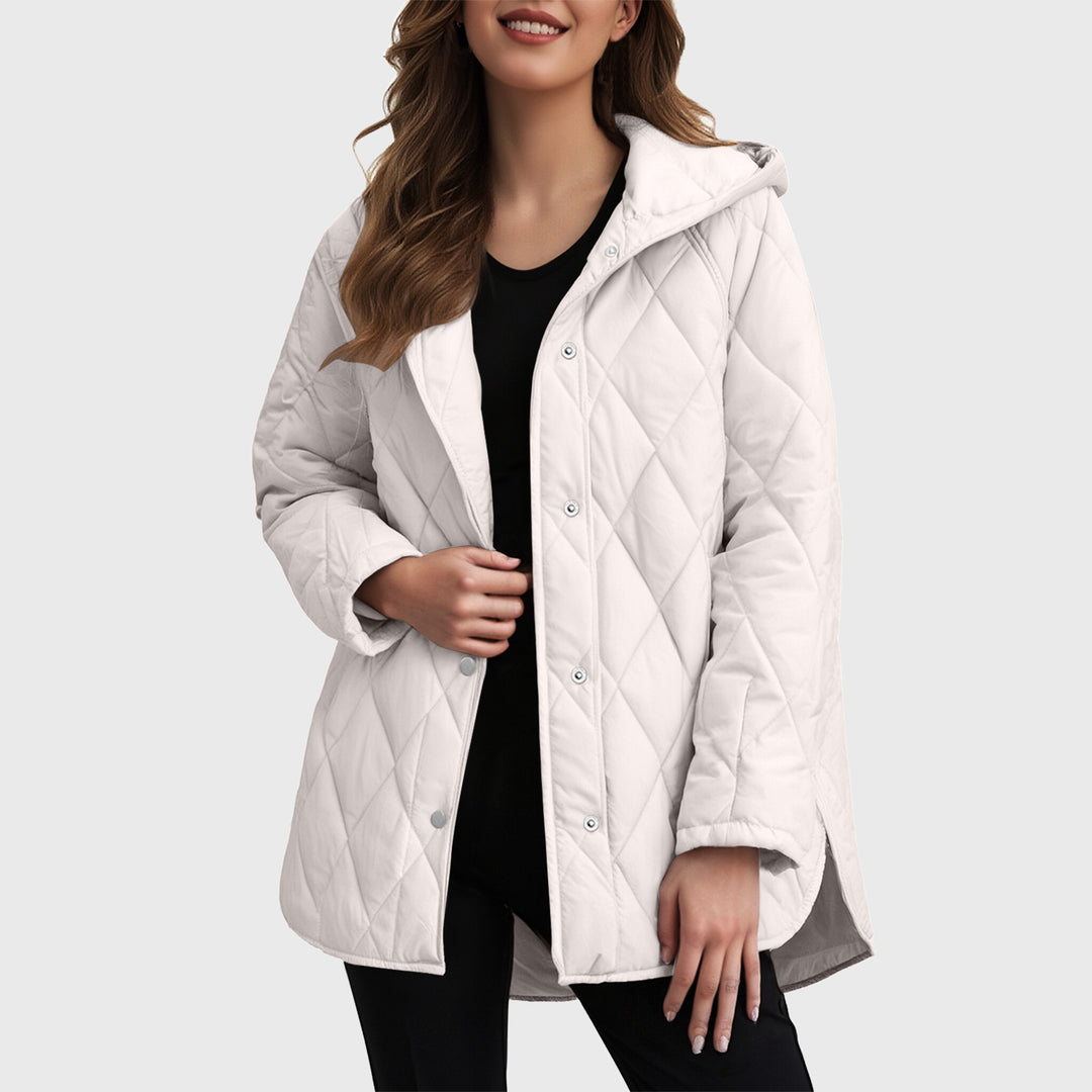Sylvia casual coat with a solid colour check hood